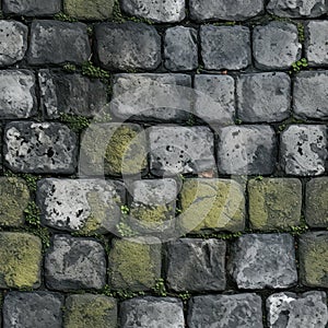 Grey Old Stone Pavement Top View, Granite Cobblestone Road, Green Moss, Wet Surface