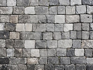 Grey Old Stone Pavement Top View, Granite Cobblestone Road, Green Moss, Wet Surface