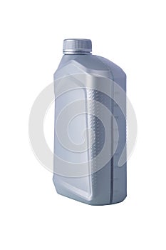 Grey one-litre bottle with engine oil, isolate, close-up photo