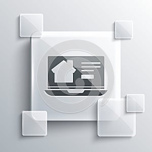 Grey Online real estate house on laptop icon isolated on grey background. Home loan concept, rent, buy, buying a