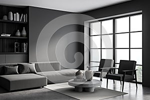 Grey panoramic living room with couch, armchairs and coffee table. Corner view