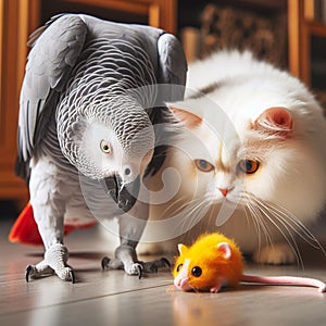 A grey parrot, white cat, and orange toy mouse are on a wooden floor.