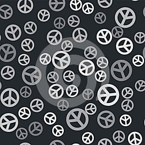 Grey Peace icon isolated seamless pattern on black background. Hippie symbol of peace. Vector Illustration