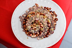 Grey peas with bacon and onions Latvian-style. Traditional national dish for Christmas in Latvia, eastern Europe