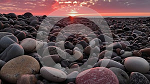 grey pebbles on beach at sunset with pink glow grom sunset on some of the pebbles photo