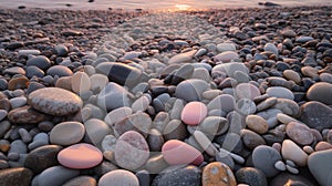 grey pebbles on beach at sunset with pink glow grom sunset on some of the pebbles photo