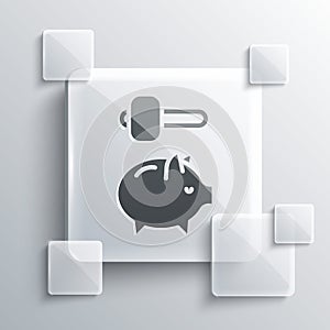 Grey Piggy bank and hammer icon isolated on grey background. Icon saving or accumulation of money, investment. Square