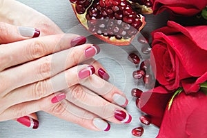 Grey, pink and red asymmetry nail art manicure