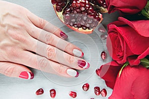 Grey, pink and red asymmetry nail art manicure