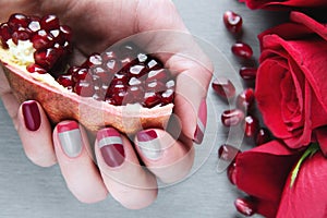 Grey, pink and red asymmetry nail art manicure