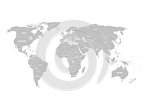 Grey political World map with country borders and white state name labels.