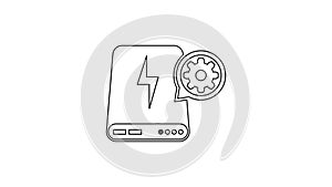 Grey Power bank and gear line icon on white background. Adjusting app, service concept, setting options, maintenance