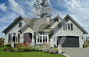 Grey Premium Residence Home Rock Brick Stone Exterior House Grand Dwelling Unique Design Cedar Shake Roofing