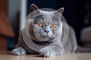 Grey purebred british shorthair cat with orange eyes lying down. AI generated