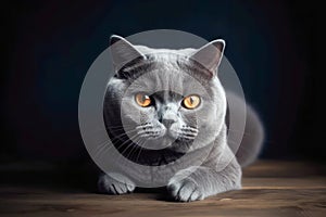 Grey purebred british shorthair cat with orange eyes lying down. AI generated