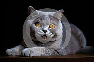 Grey purebred british shorthair cat with orange eyes lying down. AI generated