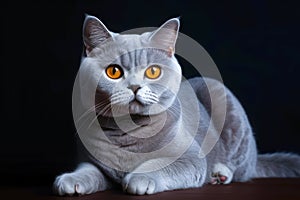 Grey purebred british shorthair cat with orange eyes lying down. AI generated