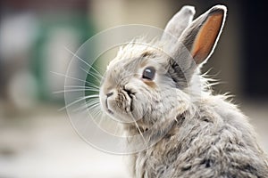 grey rabbit with ears perked up, alert