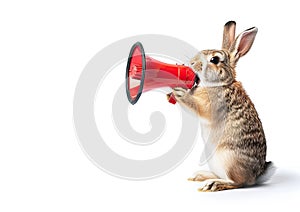 A grey rabbit sitting on its hind legs screams into a megaphone on a white background