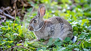 Grey rabbit. Sweet cute baby bunny with beautiful eyelashes and gray. AI Generative