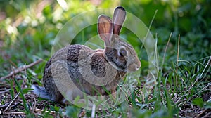 Grey rabbit. Sweet cute baby bunny with beautiful eyelashes and gray. AI Generative