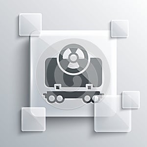 Grey Radioactive cargo train wagon icon isolated on grey background. Freight car. Railroad transportation. Square glass