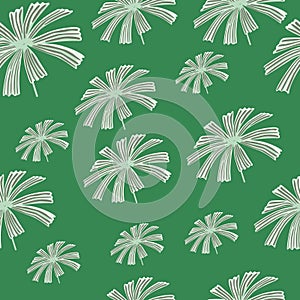 Grey random palm licuala leaf seamless pattern in hand drawn floral style. Green bright background
