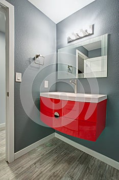 Grey and red bathroom design in a freshly renovated home.