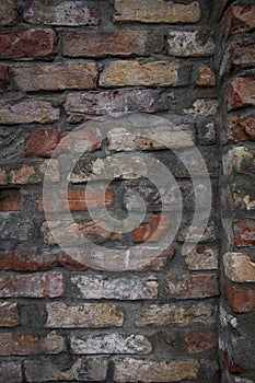 Grey red orange old vintage brick house wall background