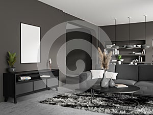 Grey relax place interior with couch and sideboard, decoration. Mockup frame