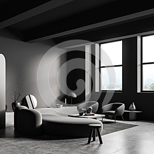 Grey relax room interior with couch and armchair, panoramic window and mockup