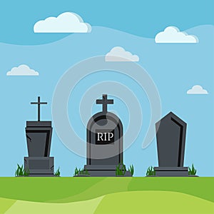 Grey RIP grave tombstones on summer nature scenic background.