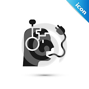 Grey Robot charging battery icon isolated on white background. Artificial intelligence, machine learning, cloud