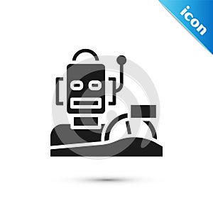 Grey Robot humanoid driving a car icon isolated on white background. Artificial intelligence, machine learning, cloud