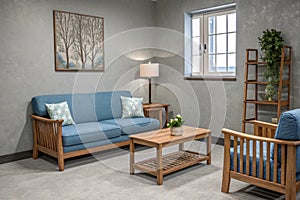Grey room with blue couch, bench, and side table photo