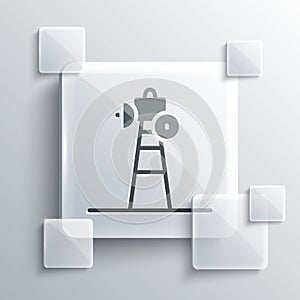 Grey Satellite dish icon isolated on grey background. Radio antenna, astronomy and space research. Square glass panels