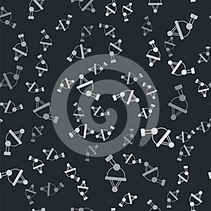 Grey Satellite dish icon isolated seamless pattern on black background. Radio antenna, astronomy and space research