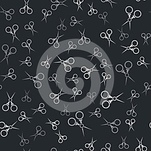 Grey Scissors hairdresser icon isolated seamless pattern on black background. Hairdresser, fashion salon and barber sign