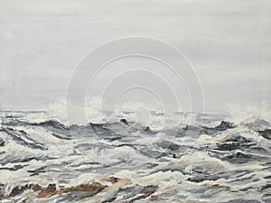 Grey sea waves, oil painting