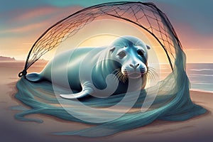 A Grey Seal at Horsey Beach in Norfolk England, tragically caught in a section of fishing net, an upsetting site that was reported