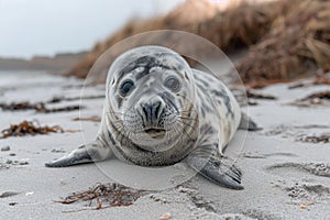 Grey seal pup lying on the beach