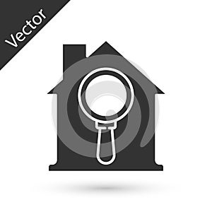 Grey Search house icon isolated on white background. Real estate symbol of a house under magnifying glass. Vector