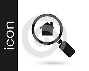 Grey Search house icon isolated on white background. Real estate symbol of a house under magnifying glass. Vector