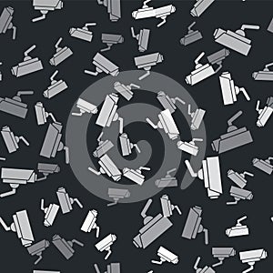 Grey Security camera icon isolated seamless pattern on black background. Vector