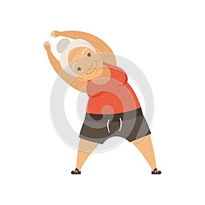 Grey senior woman doing sport exercise, incline to side, grandmother character doing morning exercises or therapeutic