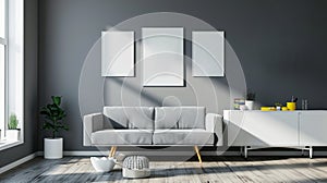 Grey settee near white cupboard in minimal living room interior with posters on wall. AI Generative