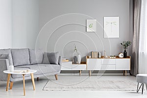 Grey settee near white cupboard in minimal living room interior photo