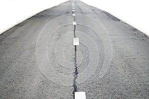 Grey shabby asphalt road with white dividing lines isolated on white