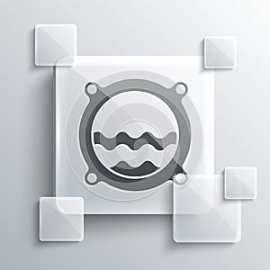 Grey Ship porthole with rivets and seascape outside icon isolated on grey background. Square glass panels. Vector