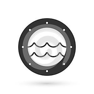 Grey Ship porthole with rivets and seascape outside icon isolated on white background. Vector